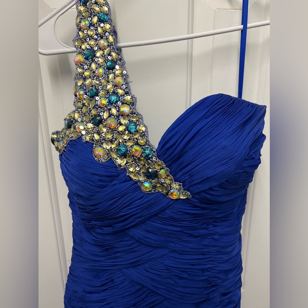 Royal blue one shoulder embellished ruched prom dress with train. Size 10
